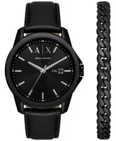 A|X Armani Exchange Men's Three-Hand Day-Date Quartz Black Leather Watch 44mm and Black Stainless Steel Bracelet Set
