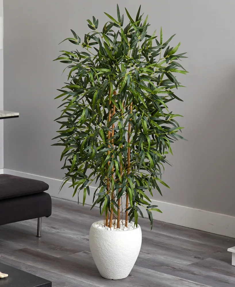 Nearly Natural 5' Bamboo Artificial Tree in White Oval Planter