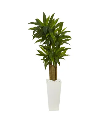 Nearly Natural 5' Cornstalk Dracaena Artificial Plant in White Tower Planter