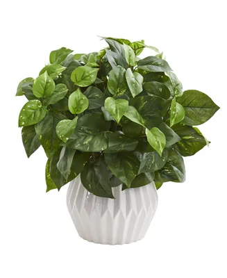 Nearly Natural 16" Pothos Artificial Plant in White Ceramic Vase