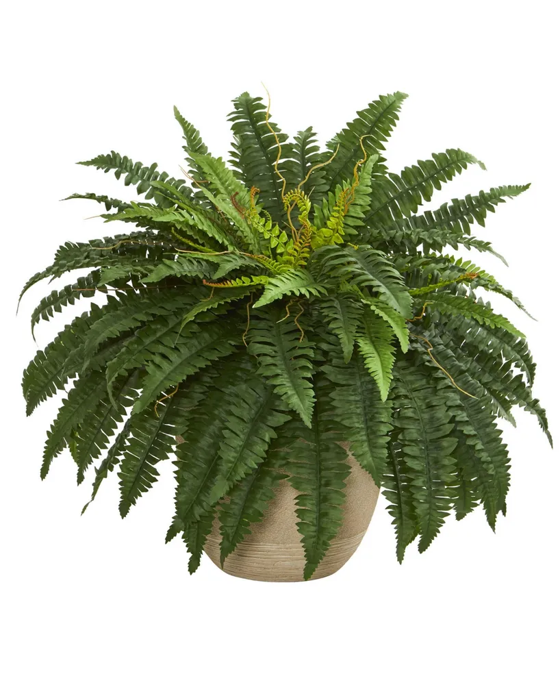 Nearly Natural 23 in. Artificial Green Boston Fern Plant with Tapered Bronze Square Metal Planter DIY Kit