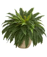 Nearly Natural 22" Boston Fern Artificial Plant in Sandstone Planter