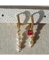 Joey Baby 18K Gold Plated Mix of Extra Small and Small Size Freshwater Pearls with a little Red Heart Zirconia Charm - Aka Earrings for Women