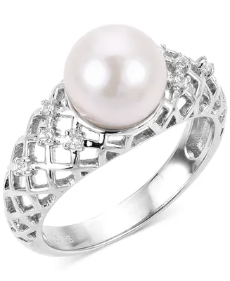 Cultured Freshwater Pearl (8 1/2mm) & Lab-Created White Sapphire (1/10 ct. t.w.) Lattice Ring in Sterling Silver