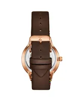 Stuhrling Mens Brown leather strap Quartz Brown dial Rose Gold case Red yellow and green hands