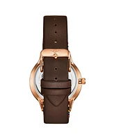 Stuhrling Mens Brown leather strap Quartz Brown dial Rose Gold case Red yellow and green hands