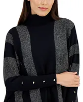 Jm Collection Women's Metallic-Stripe Poncho Turtleneck Sweater, Created for Macy's