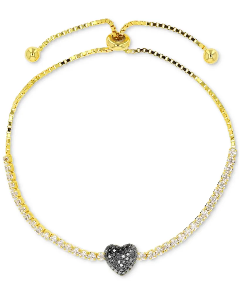 Black Spinel (1/3 ct. t.w.) & White Zircon (1-1/2 ct. t.w.) Heart Bolo Bracelet in 14k Gold-Plated Sterling Silver