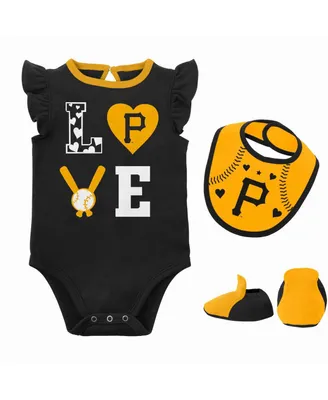 Newborn and Infant Boys Girls Black, Gold Pittsburgh Pirates Three-Piece Love of Baseball Bib, Bodysuit Booties Set