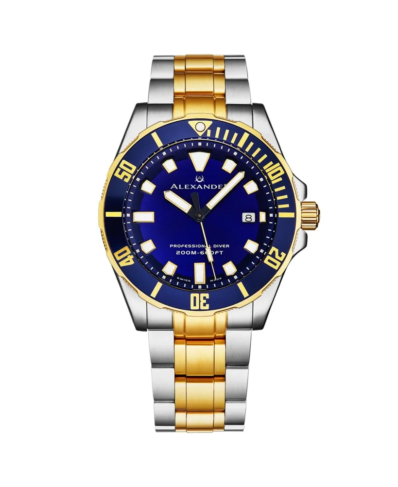 Alexander Men's Vathos Silver-tone|Gold-Tone Stainless Steel , Blue Dial , 42mm Round Watch