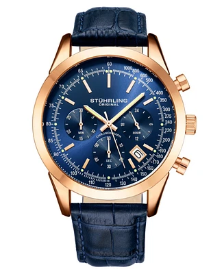 Stuhrling Men's Monaco Blue Leather, Blue Dial, 44mm Round Watch