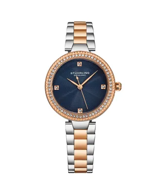 Stuhrling Women's Quartz Crystal Studded Silver/Rose Case and two tone Bracelet, Blue Dial, Rose Hands and Markers Watch - Rose