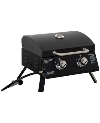 Outsunny 2 Burner Propane Gas Grill Outdoor Portable Tabletop Bbq with Foldable Legs, Lid, Thermometer for Camping, Picnic, Backyard