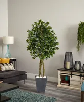 Nearly Natural 6.5' Ficus Uv-Resistant Indoor/Outdoor Artificial Tree in Slate-Tone Clay Planter