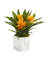Nearly Natural Bromeliad Artificial Plant Marble Finished Vase