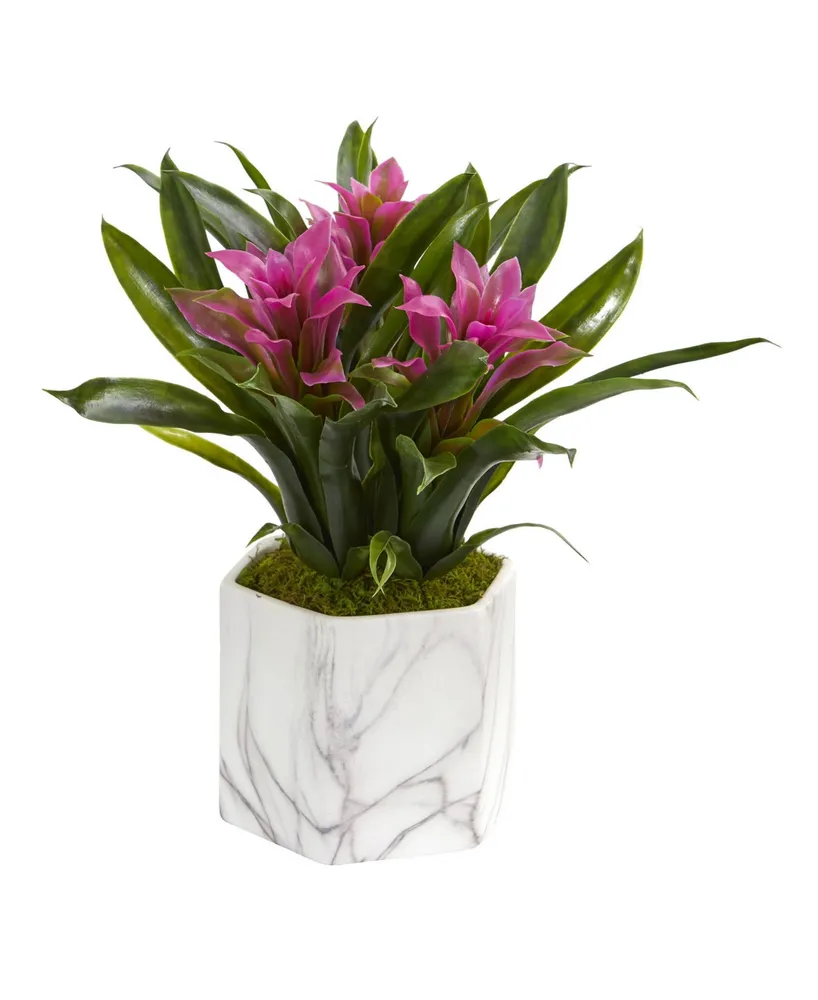 Nearly Natural Bromeliad Artificial Plant in Marble Finished Vase