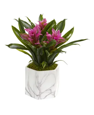 Nearly Natural Bromeliad Artificial Plant Marble Finished Vase