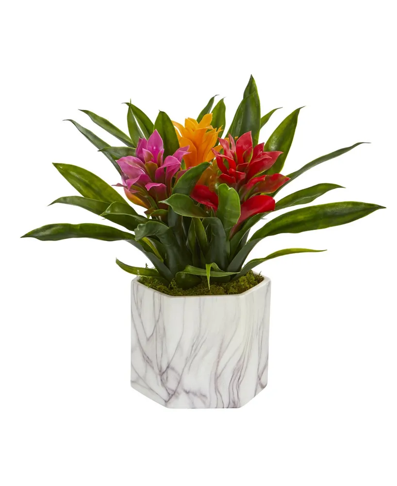 Nearly Natural Bromeliad Artificial Plant Marble Finished Vase