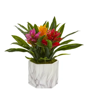 Nearly Natural Bromeliad Artificial Plant Marble Finished Vase