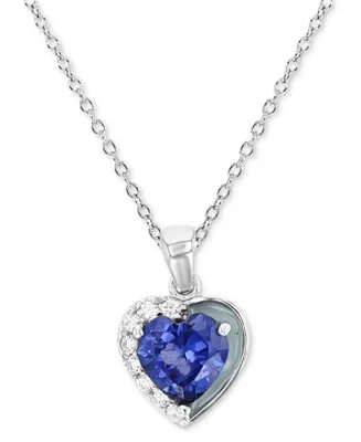 Cubic Zirconia & Gray Enamel 18" Heart Pendant Necklace in Sterling Silver
