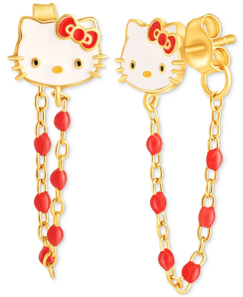 Enamel & Bead Chain Hello Kitty Front to Back Drop Earrings in 18k Gold-Plated Sterling Silver