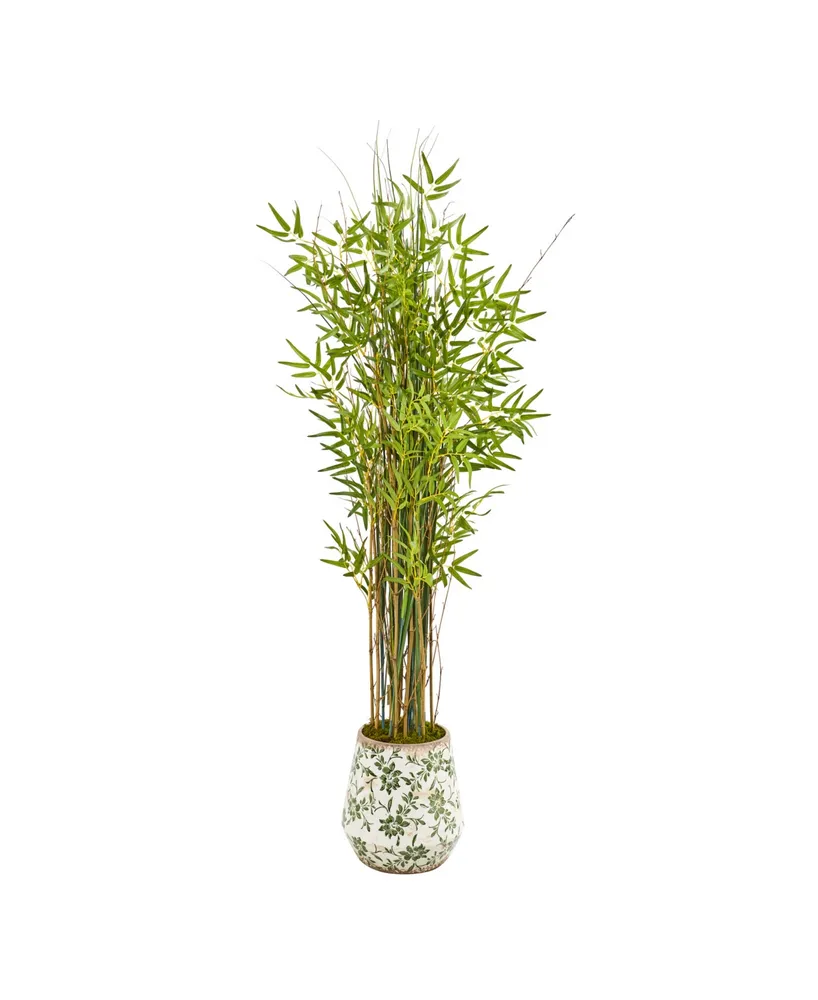 Nearly Natural 64" Grass Artificial Bamboo Plant in Floral Print Planter