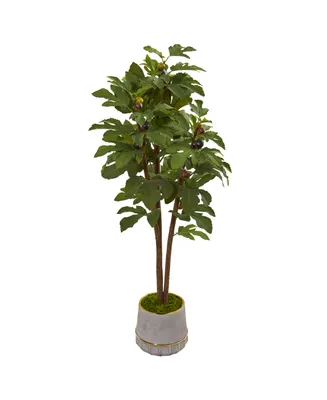Nearly Natural 47" Fig Artificial Tree in Stoneware Vase with Gold Trimming