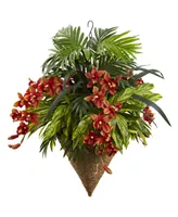 Nearly Natural Mixed Tropical & Cymbidium Artificial Plants Hanging Basket