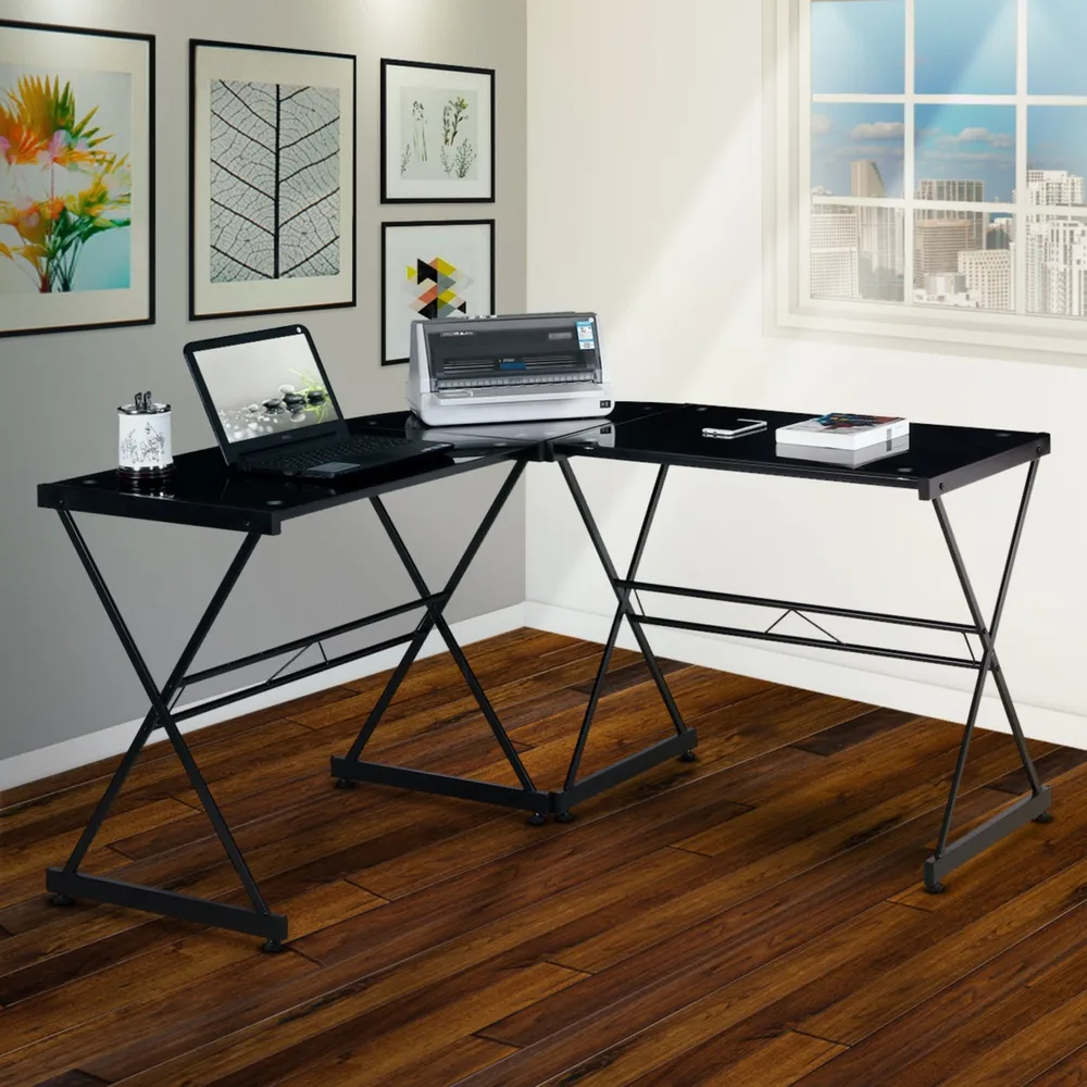 Simplie Fun L-Shaped Glass Computer Desk, Black