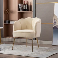 Simplie Fun Shell Shaped Velvet Fabric Armchair Accent Chair With Gold Legs For Living Room Bedroom, Creme White