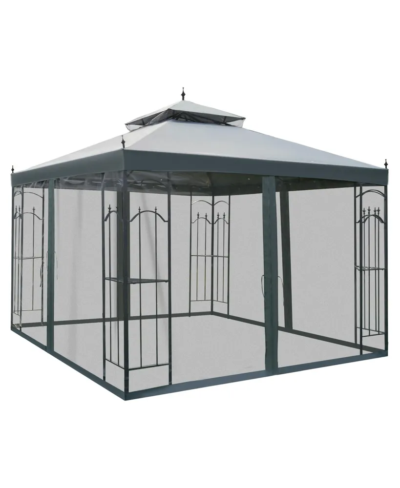 Outsunny 10' x 10' Steel Outdoor Patio Gazebo Canopy with Removable Mesh Curtains, Display Shelves, & Steel Frame