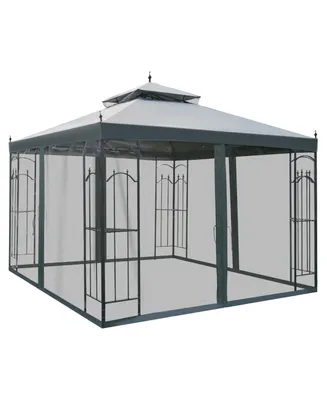 Outsunny 10' x 10' Steel Outdoor Patio Gazebo Canopy with Removable Mesh Curtains, Display Shelves, & Steel Frame, Grey