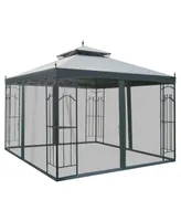 Outsunny 10' x 10' Steel Outdoor Patio Gazebo Canopy with Removable Mesh Curtains, Display Shelves, & Steel Frame