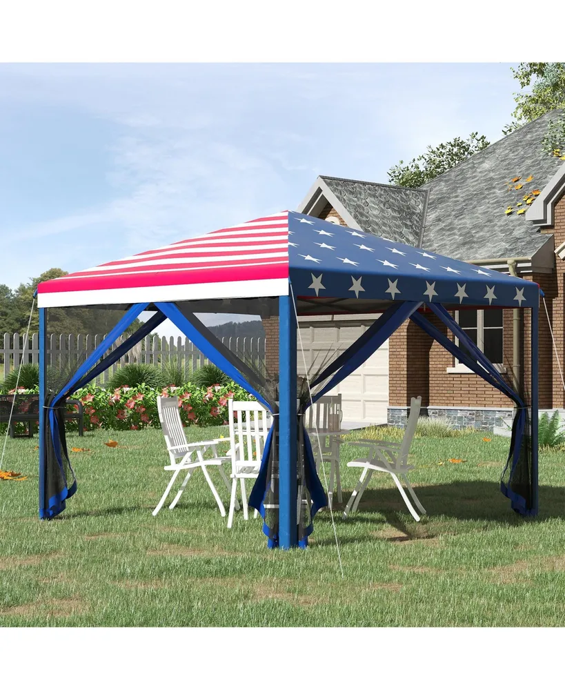 Outsunny 10' x 10' Pop Up Canopy with Removable Mesh Sidewall Netting, Easy Setup Design, Outdoor Party Event with Storage Bag, American Flag