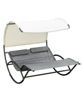 Outsunny Outdoor Double Chaise Rocking Chair, Day Bed Sun Lounger with Canopy Shade, Headrest Pillow, Armrests for Garden, Poolside, Light Gray