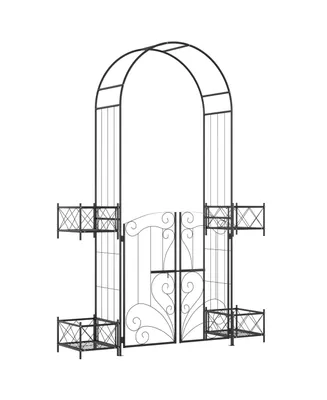 Outsunny 7' Metal Garden Arbor, Garden Arch with Gate, Scrollwork Hearts, Latching Doors, Planter Boxes for Climbing Vines, Ceremony, Weddings, Party,