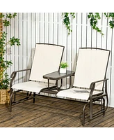 Outsunny 2-Person Outdoor Glider Bench with Center Table, Steel Frame for Backyard, Garden, Porch, Beige