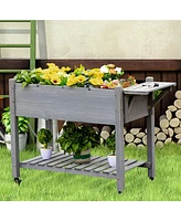 Outsunny 49" x 21" x 34" Raised Garden Bed w/ 8 Grow Grids, Outdoor Wood Plant Box Stand w/ Folding Side Table and Lockable Wheels for Vegetables, Flo