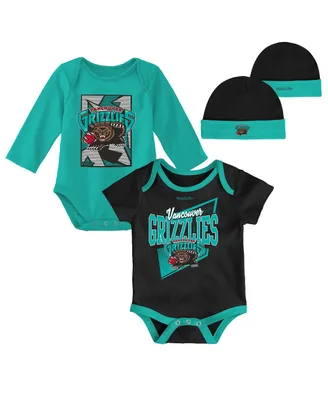 Newborn and Infant Boys Girls Mitchell & Ness Black, Turquoise Vancouver Grizzlies 3-Piece Hardwood Classics Bodysuits Cuffed Knit Hat Set
