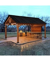 Outsunny 11x13 Hardtop Gazebo with Wooden Frame, Permanent Metal Roof Gazebo Canopy with Ceiling Hook for Garden, Patio, Backyard