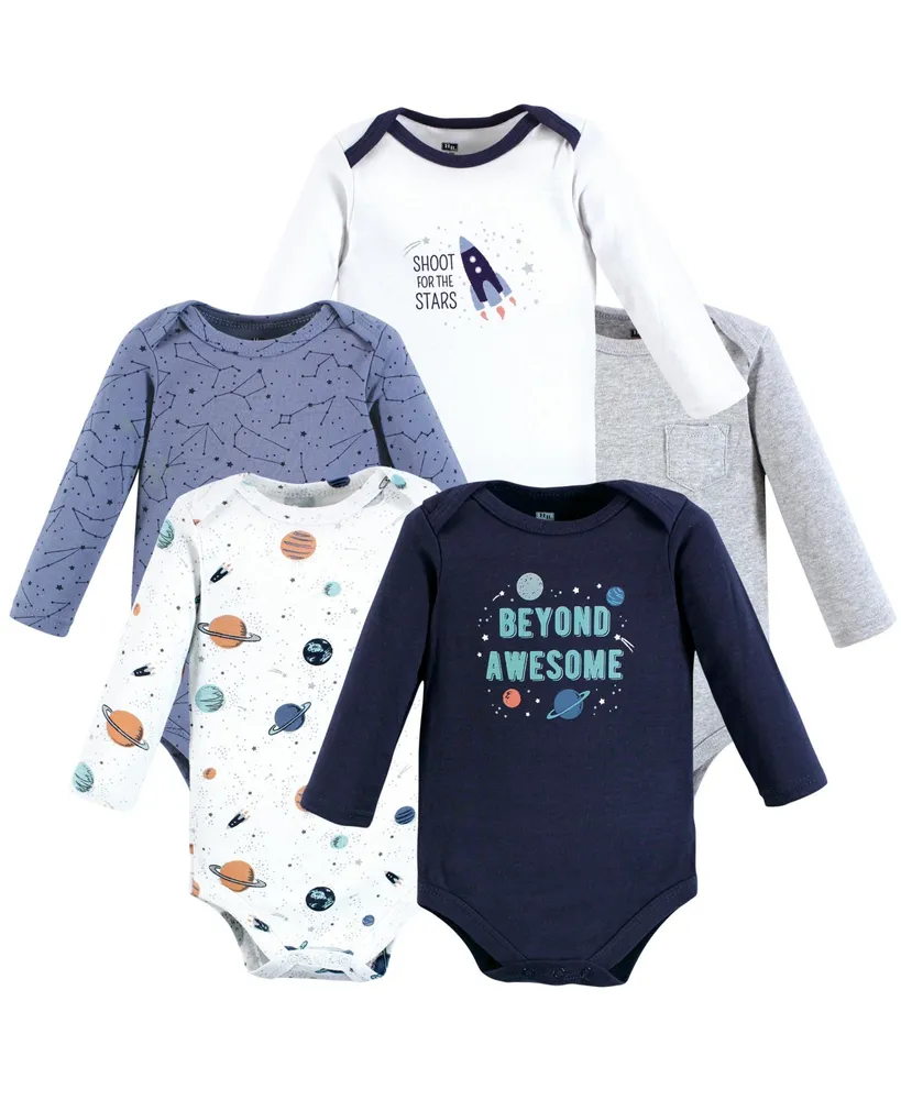 Hudson Baby Boys Cotton Long-Sleeve Bodysuits, Space 5-Pack, 9-12 Months