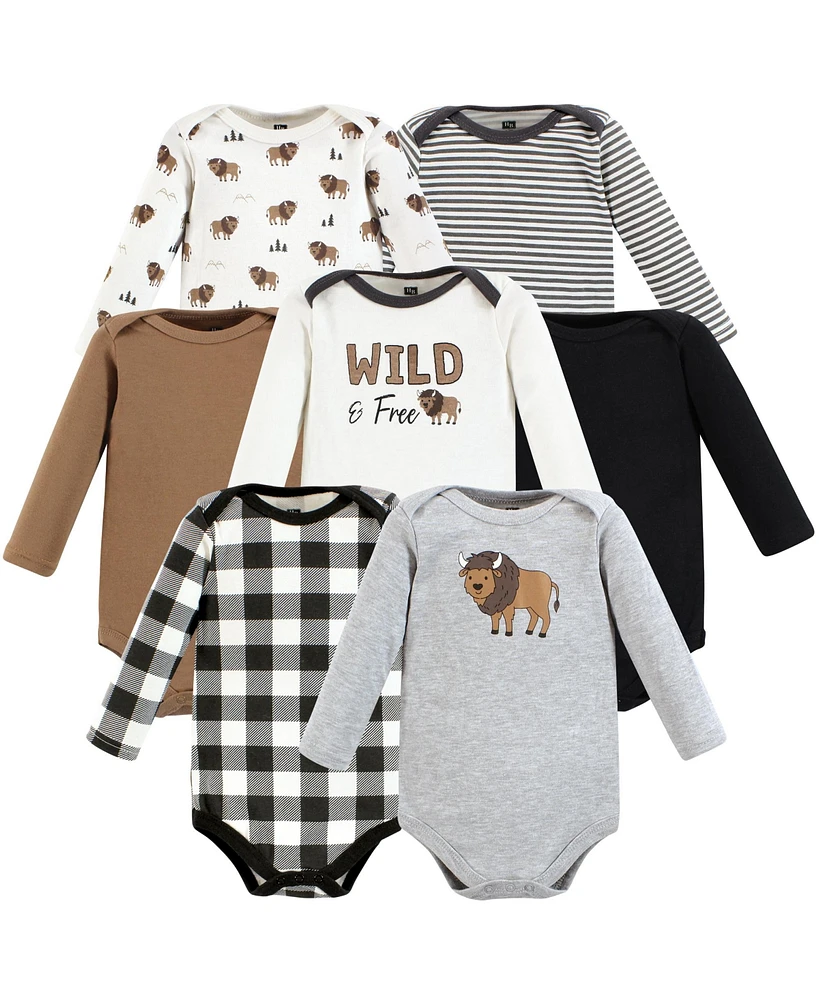 Hudson Baby Boys Cotton Long-Sleeve Bodysuits, Wild buffalo 7-Pack - 7