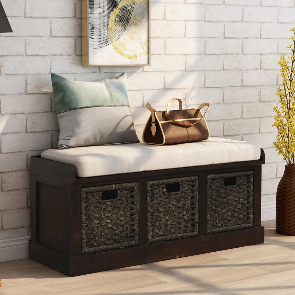 Simplie Fun Rustic Storage Bench With 3 Removable Classic Rattan Basket