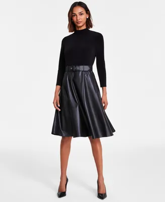 Calvin Klein Women's Faux-Leather-Skirt A-Line Dress