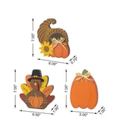 Glitzhome 7" H Set of 3 Thanksgiving Wooden Pumpkin, Turkey Cornucopia Table Decor