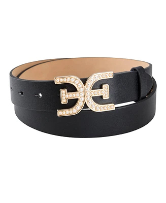 Sam Edelman Women's Imitated Pearl Embellished Double-e Plaque Buckle Belt