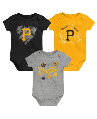 Girls Newborn and Infant Black, Gold, Heathered Gray Pittsburgh Pirates 3-Pack Batter Up Bodysuit Set
