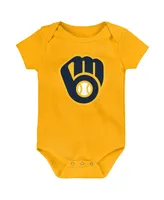 Newborn and Infant Boys Girls Gold, White, Heather Gray Milwaukee Brewers Biggest Little Fan 3-Pack Bodysuit Set