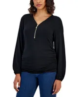 Jm Collection Women's Zip V-Neck Ruched Front Top, Created for Macy's