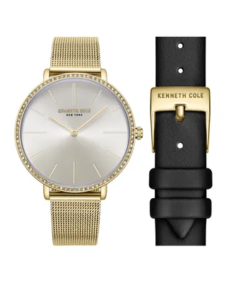 Kenneth Cole New York Women's Quartz Classic Slim Gold-Tone Stainless Steel and Genuine Leather Watch 38mm Gift Set, 2 Pieces